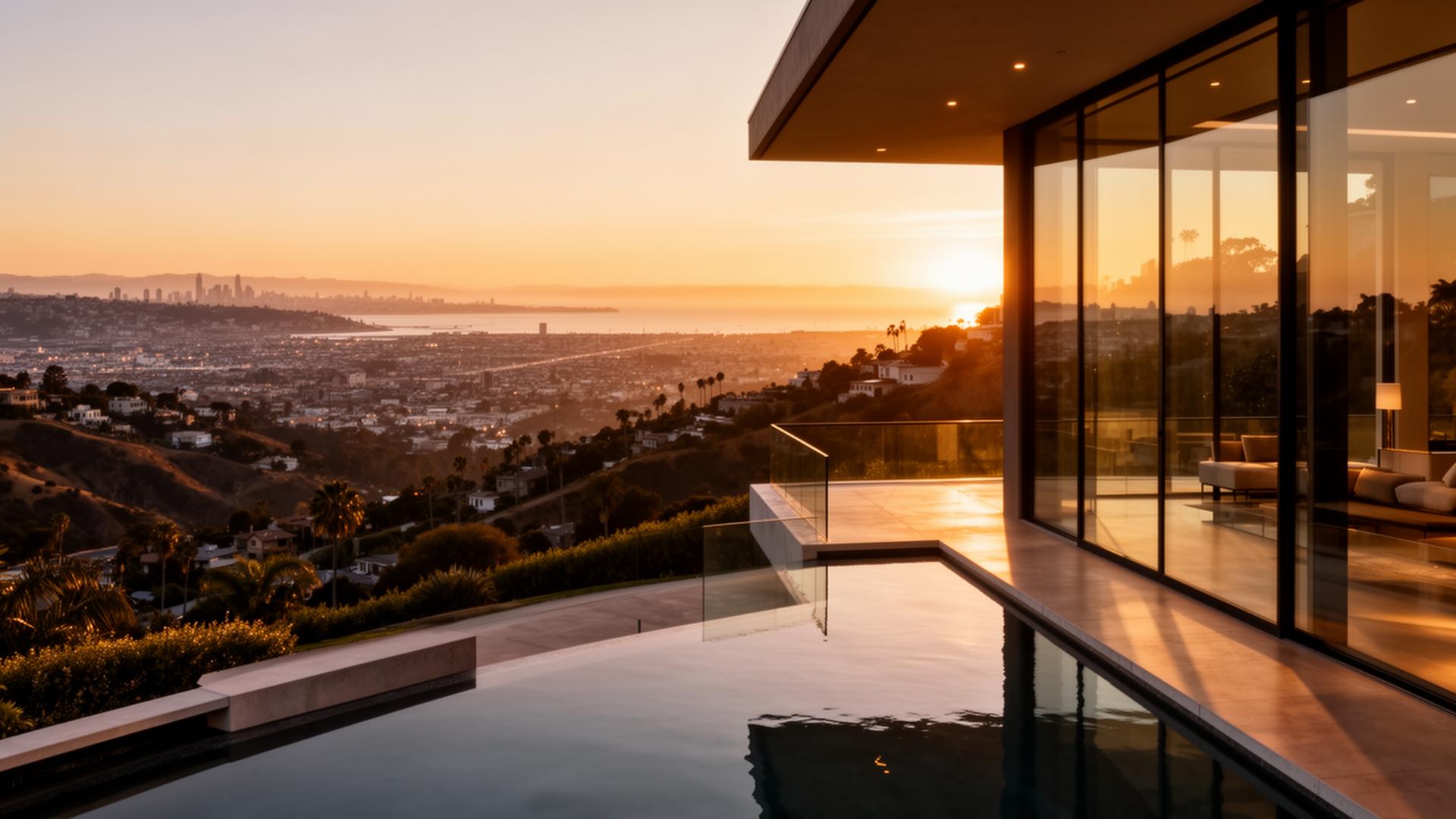 Luxury California modern home overlooking Bay Area at golden hour